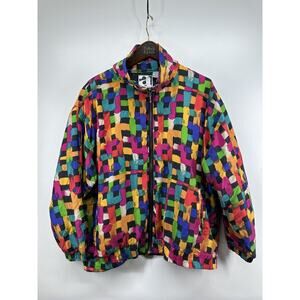 Activology Silk‎ Jacket Windbreaker XL Multicolored Retro Front Zip Vintage 80s